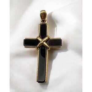Vintage Black Inlay Cross Pendant Charm Gold Tone Religious Christian Jewelry